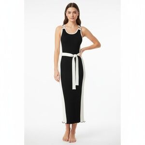 Michael Kors Dress Womens XXS Black White Color-Block Ribbed Midi Belted Sleek